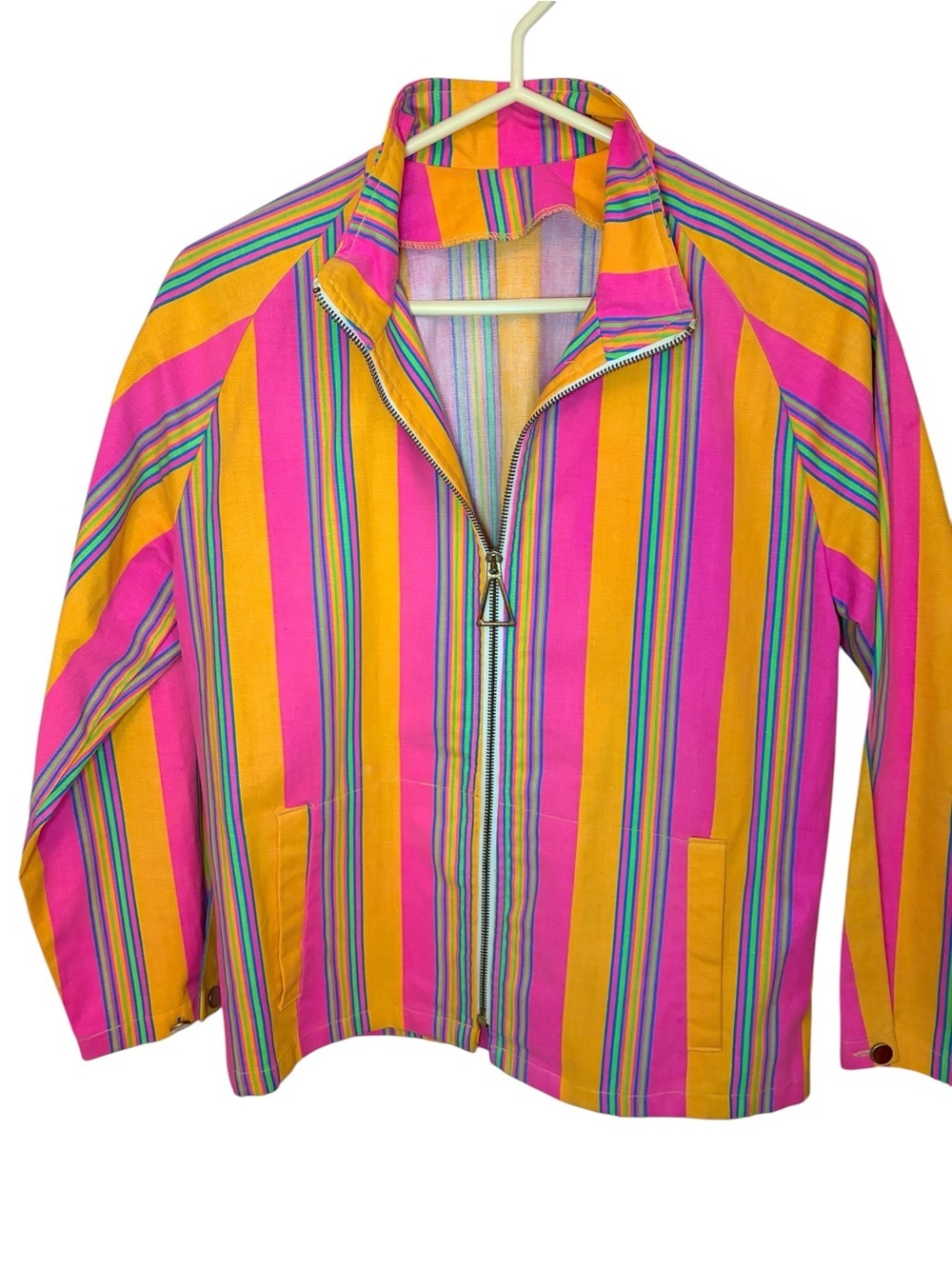 Vintage Striped Zip-Front Women's Jacket in Pink and Yellow